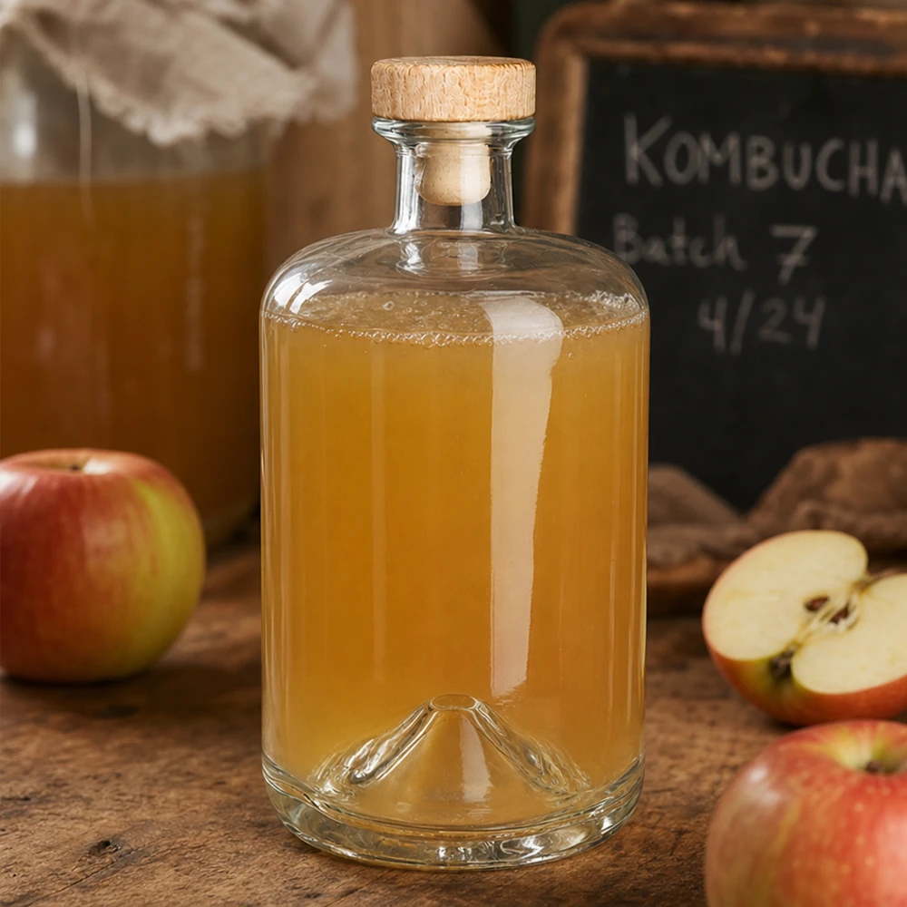 Flacon à pharmacie 700 ml « Sofia » avec bouchon en bois UNiTWIST® Bouteille en verre Sofia de 700 ml avec bouchon en bois remplie de jus de pomme à côté de pommes fraîches et d'une tablette de kombucha