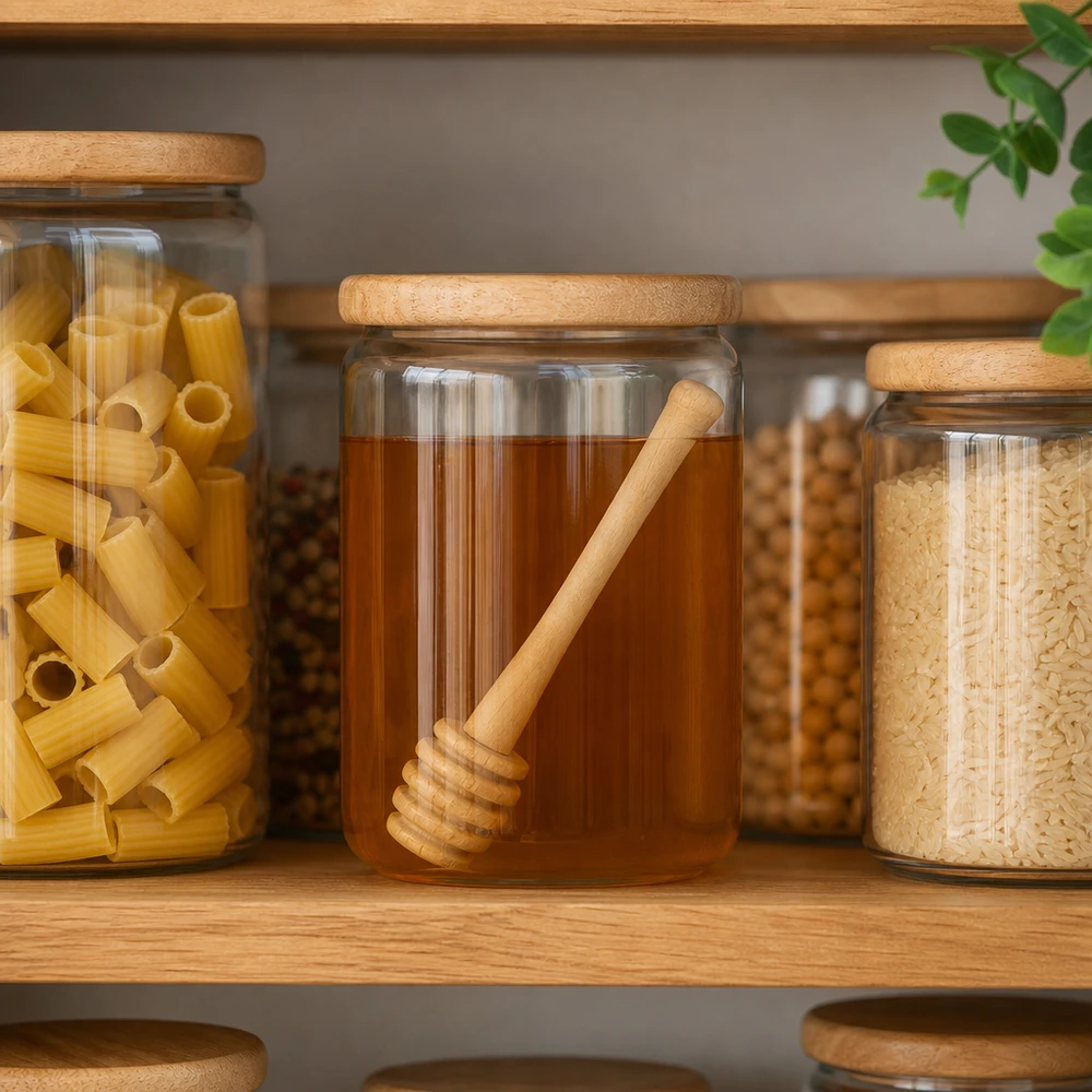 Cuillère à miel en bois d'érable dans le jar d'approvisionnement entre les pâtes et le riz montre une organisation de cuisine polyvalente