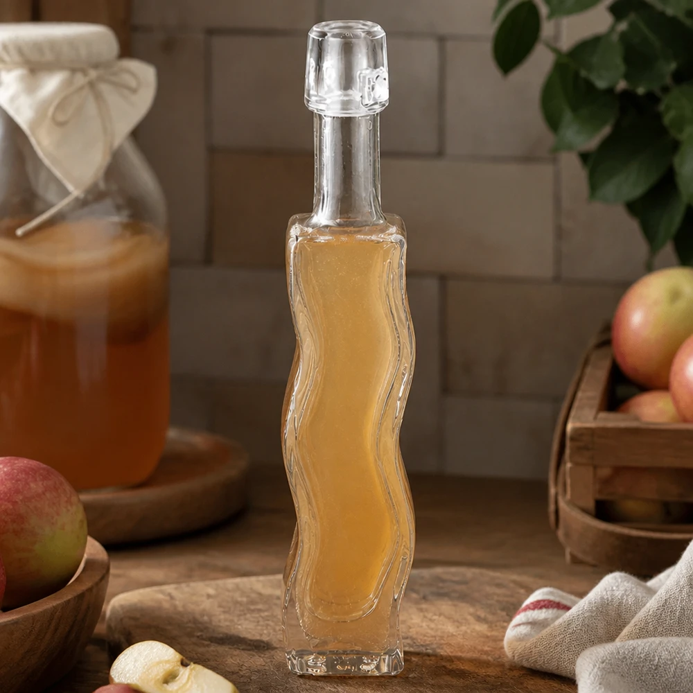 Flacon en verre « Fila » 40 ml sans bouchon UNiTWIST® 40ml Bouteille en verre Anna remplie de vinaigre de cidre cuisine rustique planche en bois pommes fraîches ingrédients naturels vinaigrette