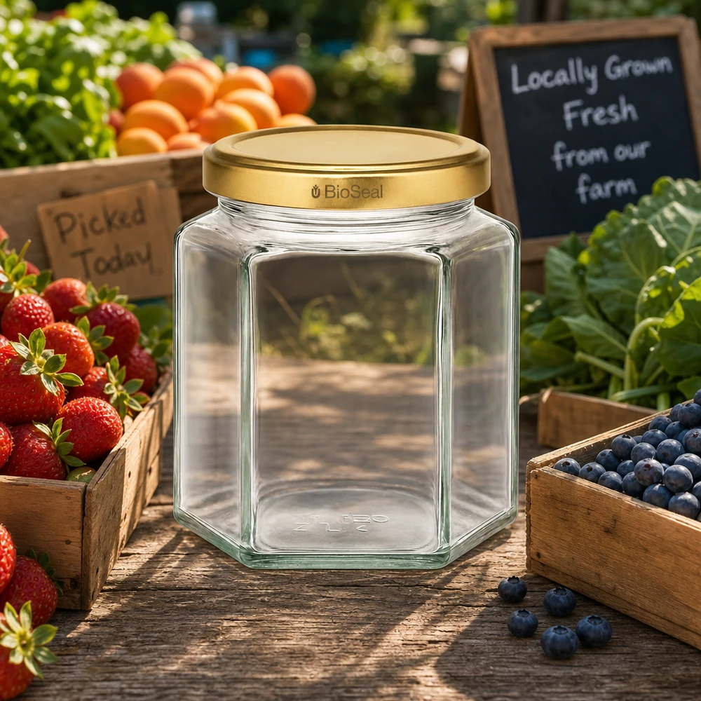 UNiTWIST Hexa390 Bocal en verre vide avec couvercle BioSeal doré sur marché fermier parmi les fruits et légumes frais
