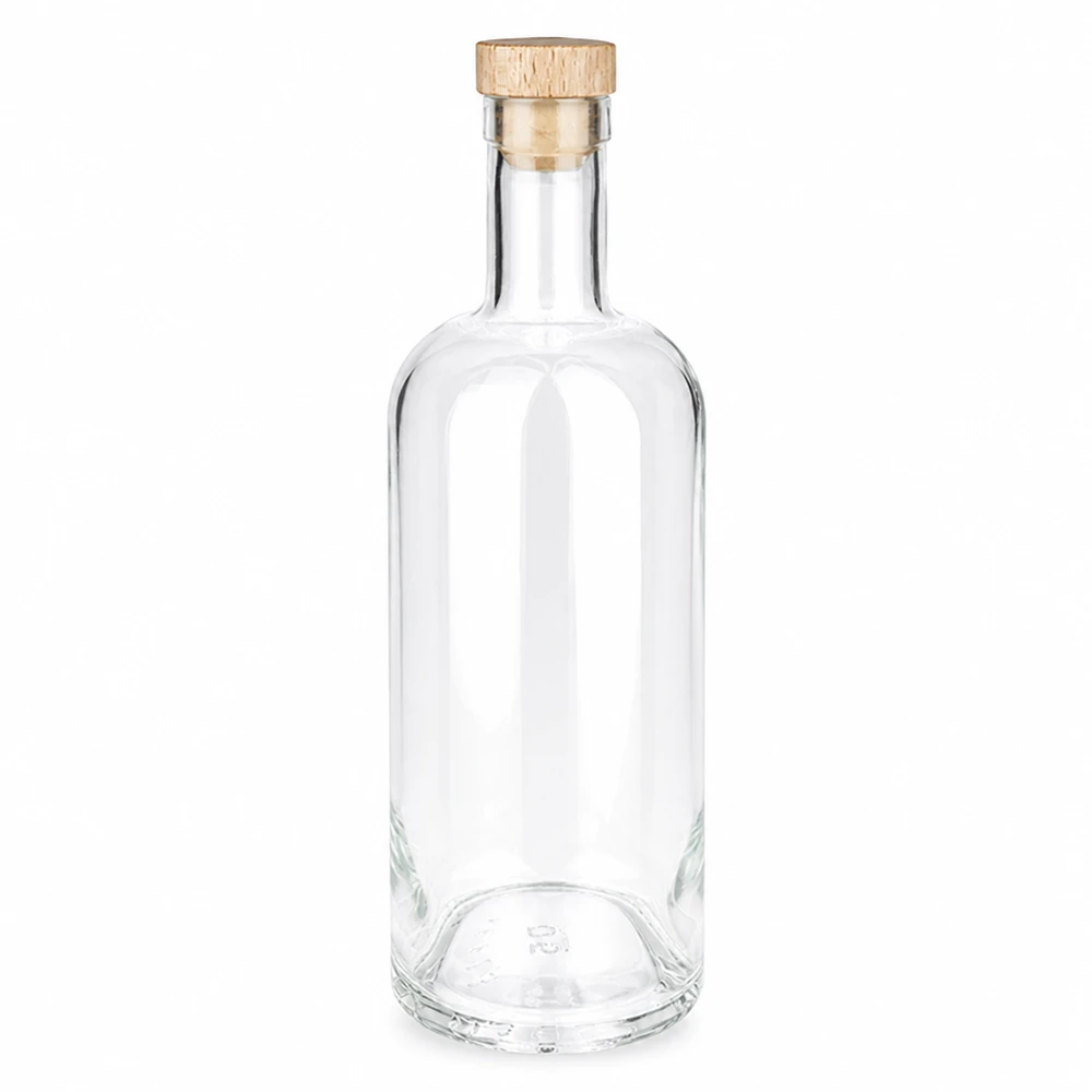 Bouteille en verre 750 ml « Emma » avec bouchon en bois UNiTWIST® Bouteille en verre Emma de 750ml avec bouchon à poignée en bois UNiTWIST transparent vide Photo du produit sur fond blanc