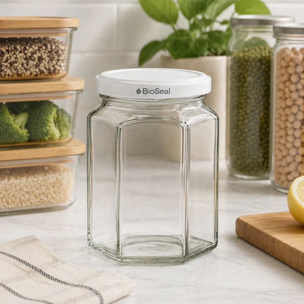 UNiTWIST Hexa288 pot en verre vide avec couvercle blanc TO63 BioSeal dans une cuisine moderne entre les récipients de stockage