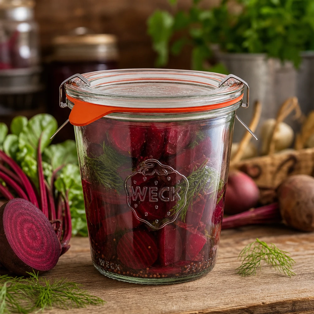290ml bocal conique haut complet WECK RR80 WECK Pot de conserve 290ml RR80 rempli de tranches de betteraves rouges marinées et d'aneth frais dans une cuisine rustique
