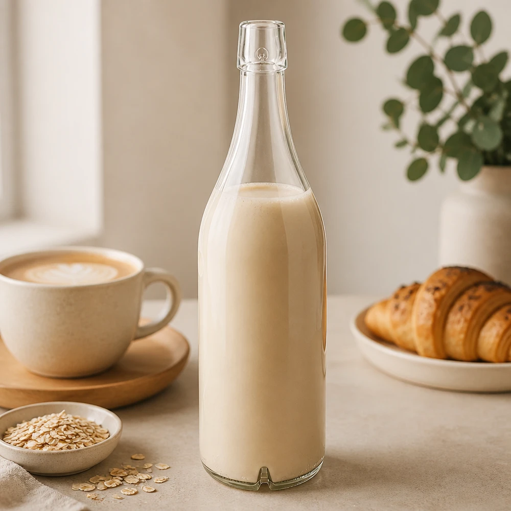 Bouteille en verre de 1000 ml sans bouchon mécanique UNiTWIST Bouteille en verre 1000ml UNiTWIST remplie de lait d'avoine table de petit déjeuner croissant café cuisine claire végétale