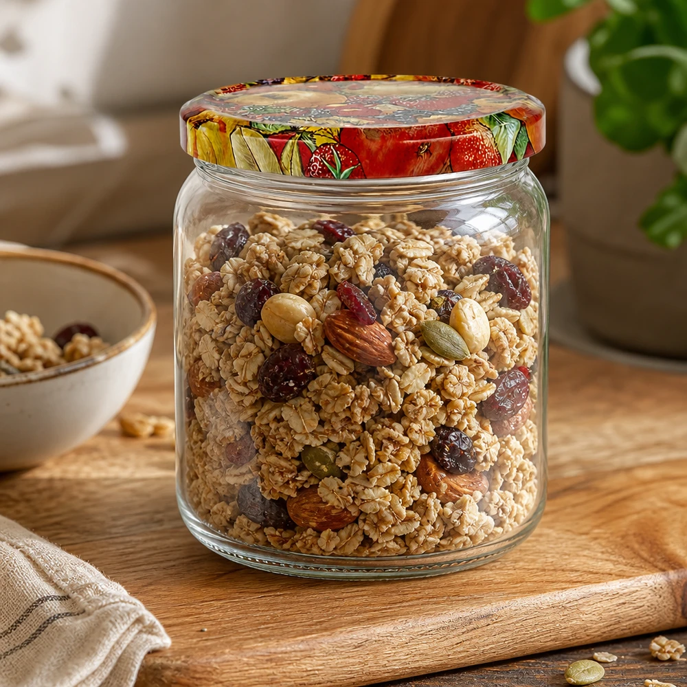 408ml Verre rond avec couvercle BasicSeal décor fruits UNiTWIST Bocal rond de 408 ml rempli de céréales et de noix montre une conservation polyvalente avec le couvercle BasicSeal Décor de fruits