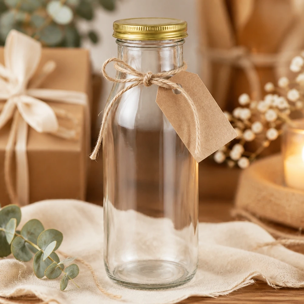 263ml Bouteille avec couvercle BioSeal or UNiTWIST UNiTWIST Bottle263 als Geschenkidee mit Bastband und Etikett in festlicher Dekoration mit goldenen TO43 BioSeal Deckel