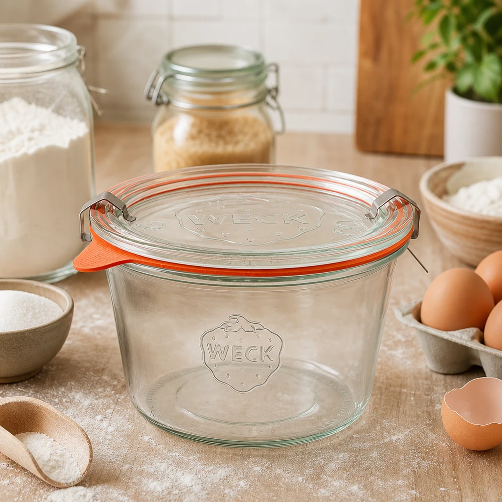 370ml bocal conique complet WECK RR100 WECK Verre plongeant 370ml RR100 vide sur le plan de travail de la cuisine entre les ingrédients de cuisson montre une utilisation polyvalente en pâtisserie