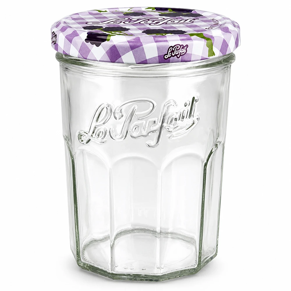 Le Parfait Pot à vis 385ml avec couvercle à carreaux violets pour confitures et conserves en verre clair