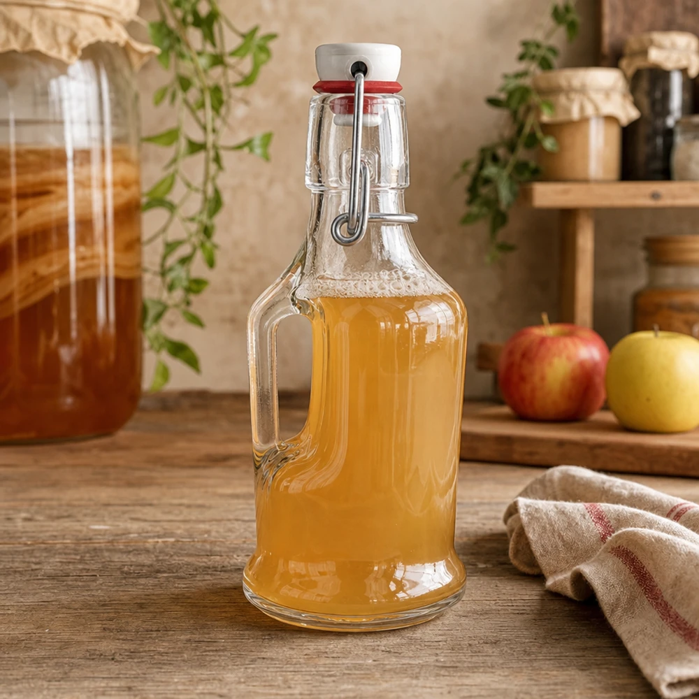 Bouteille en verre 200 ml « Bertha » et bouchon en porcelaine UNiTWIST® UNiTW Bouteille en verre Bertha 200ml remplie de jus de pomme dans une cuisine rustique à côté de pommes Détail du bouchon à étrier