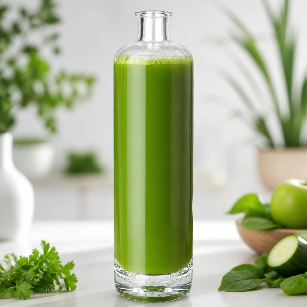 Bouteille en verre 700 ml « Ella » sans bouchon UNiTWIST® Bouteille en verre Ella de 700ml remplie de smoothie vert dans la cuisine décorée d'herbes et de légumes frais