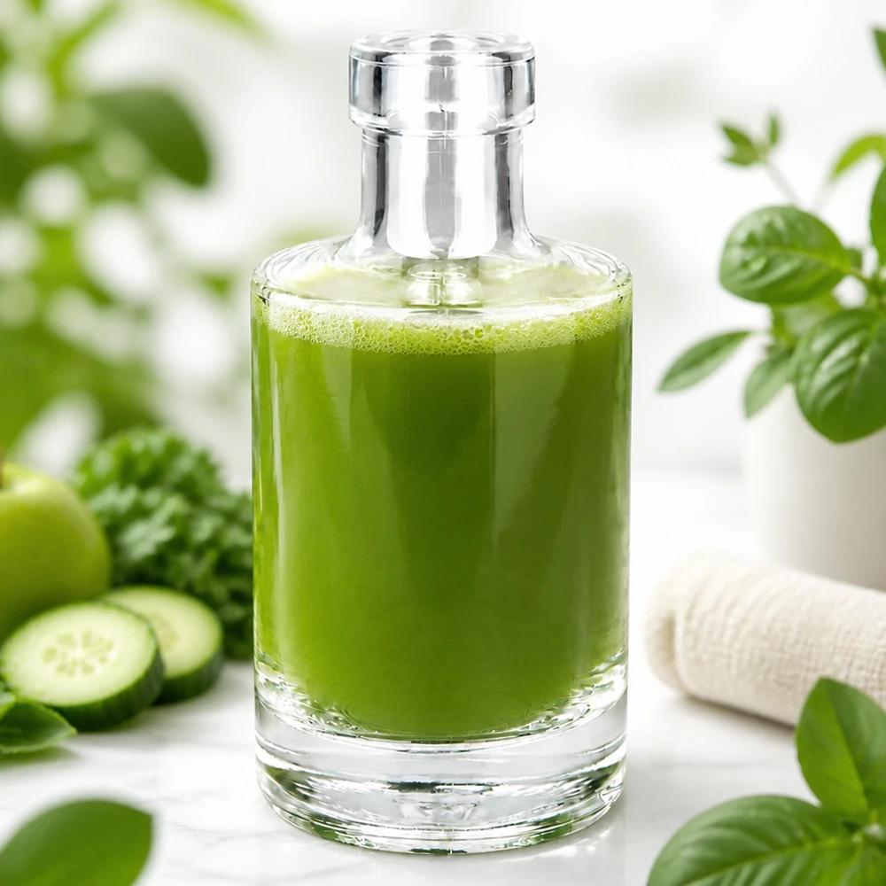 Bouteille Marie en verre 200 ml « » sans bouchon UNiTWIST® Bouteille en verre de 200ml Marie remplie de smoothie vert entourée de concombres et de plantes alimentation saine lifestyle