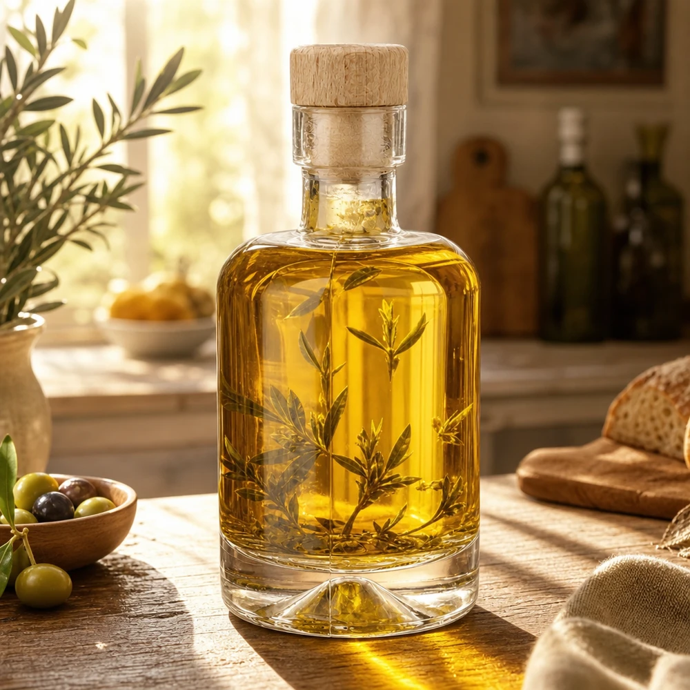 Bouteille en verre Amélie de 50 ml remplie d'huile d'olive et d'herbes aromatiques mise en scène dans une cuisine méditerranéenne avec des olives et du pain