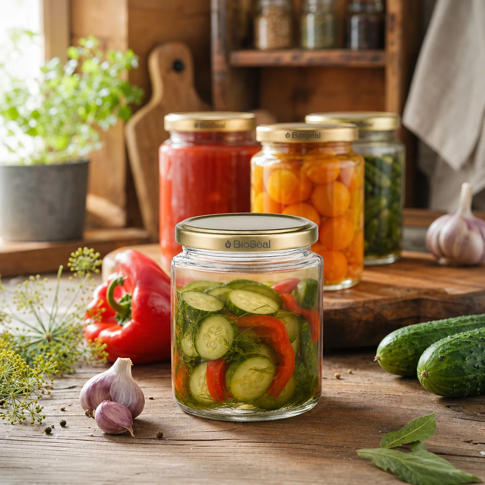 Pot à miel 350 g avec couvercle doré BioSeal UNiTWIST BioSeal pot de miel de 250ml comme bocal pour les cornichons et légumes marinés, couvercle doré UNiTWIST polyvalent