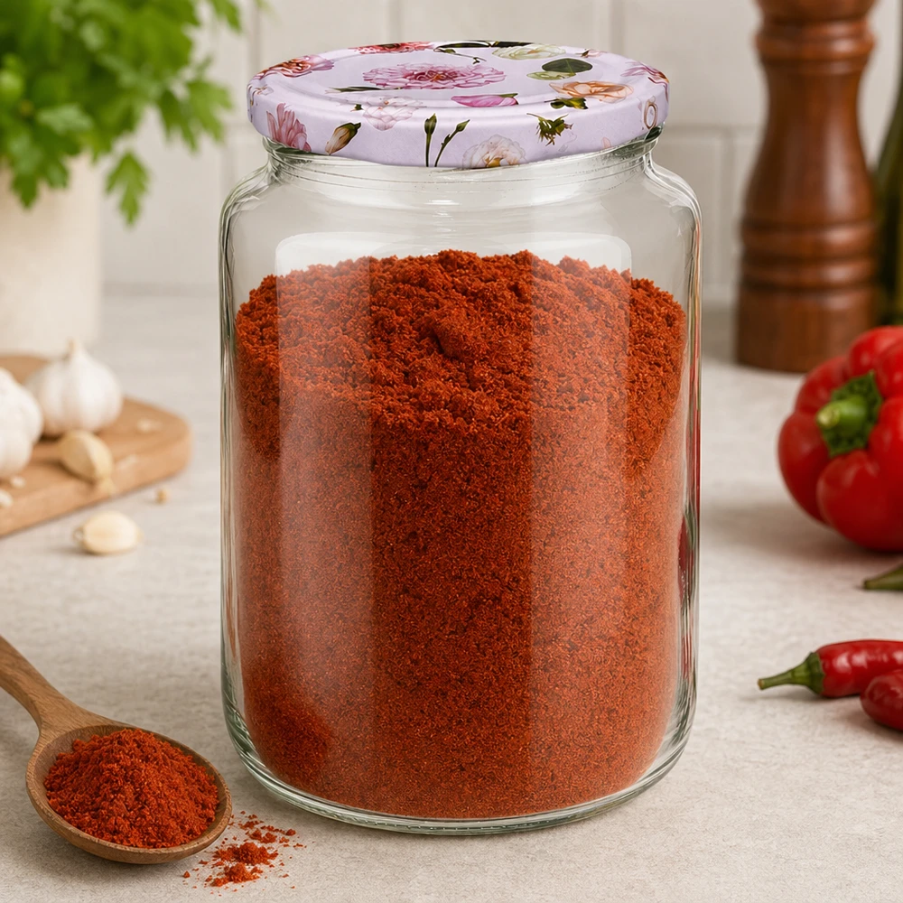 Pot rond de 795 ml + couvercle BasicSeal fleur rose UNiTWIST 795ml pot rond rempli de poudre de paprika rouge BasicSeal couvercle rose motif floral boîte à épices cuisine