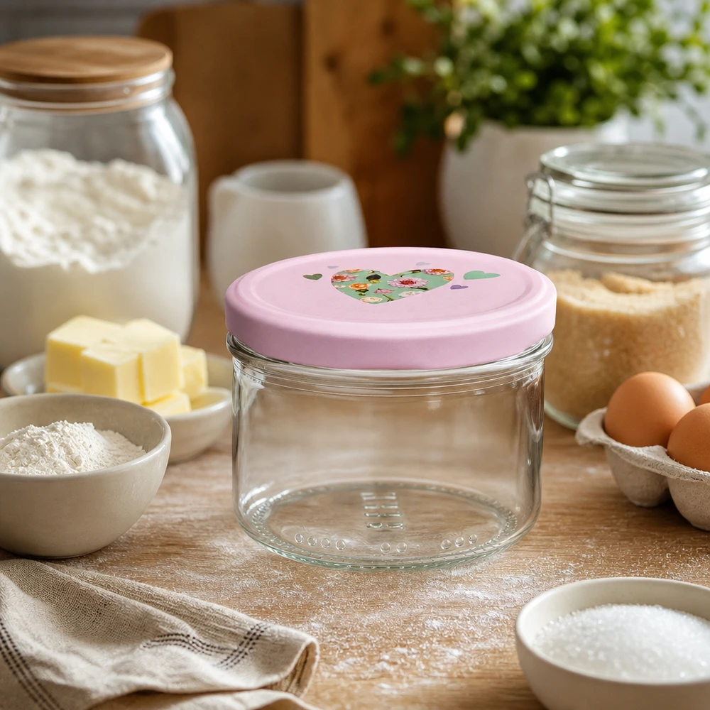 Verre cylindrique vide de 230 ml avec couvercle en forme de cœur rose dans une cuisine confortable entre les ingrédients de pâtisserie et les bocaux de stockage.