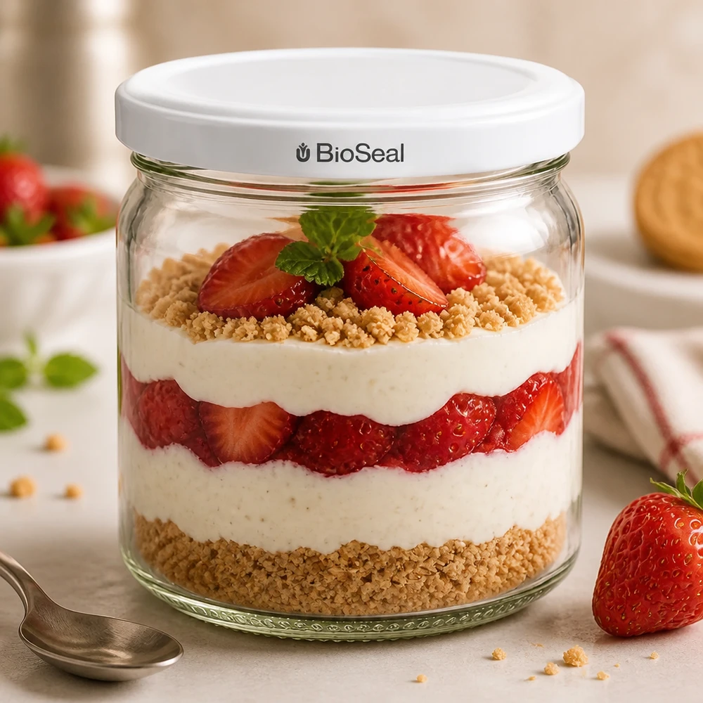 UNiTWIST Runda408 comme verre à dessert avec des fraises et de la crème - des desserts créatifs en couches dans un verre de réserve BioSeal