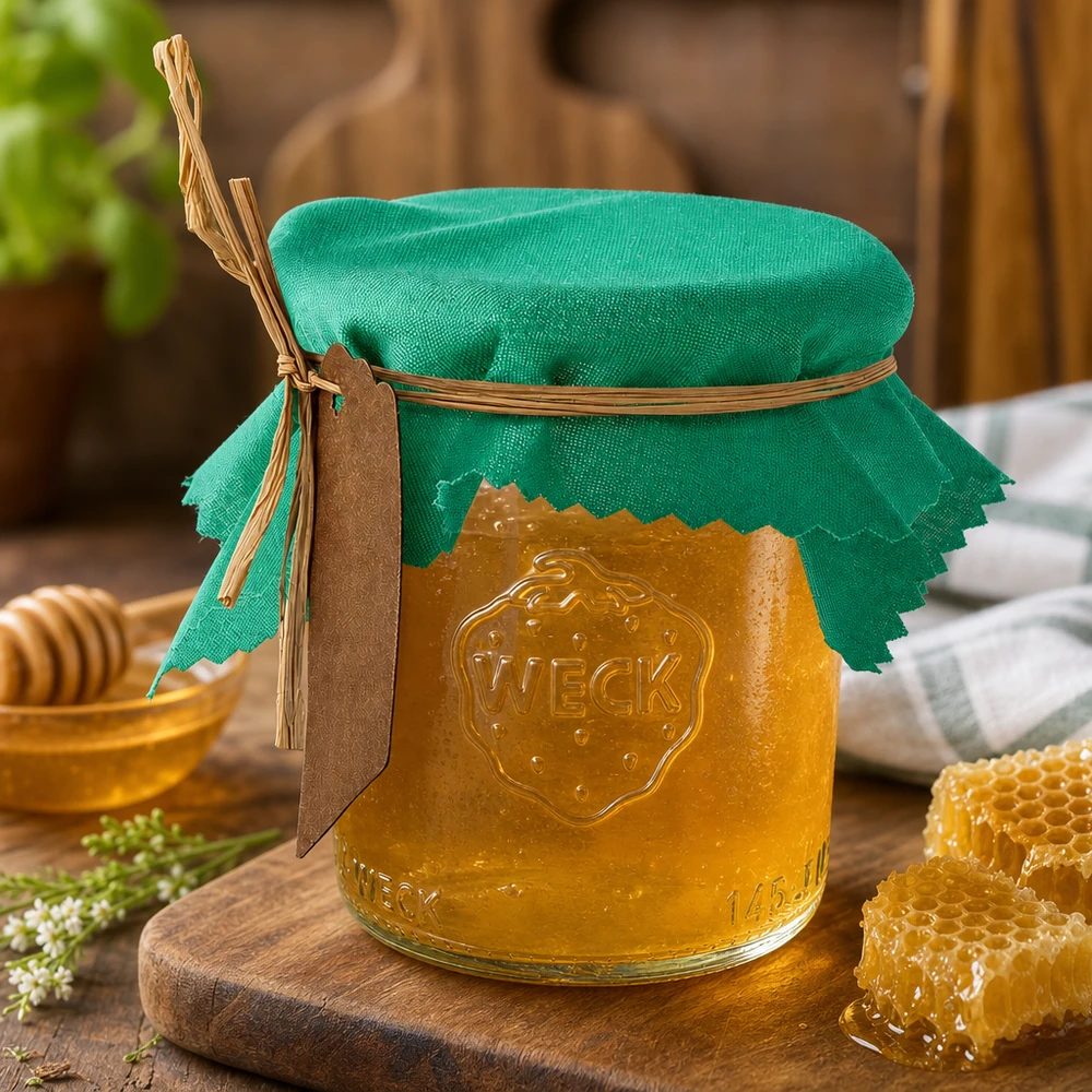 Couvercle en tissu vert 12cm carré sur pot de miel avec nid d'abeille et cuillère en bois - conservation naturelle de la cuisine