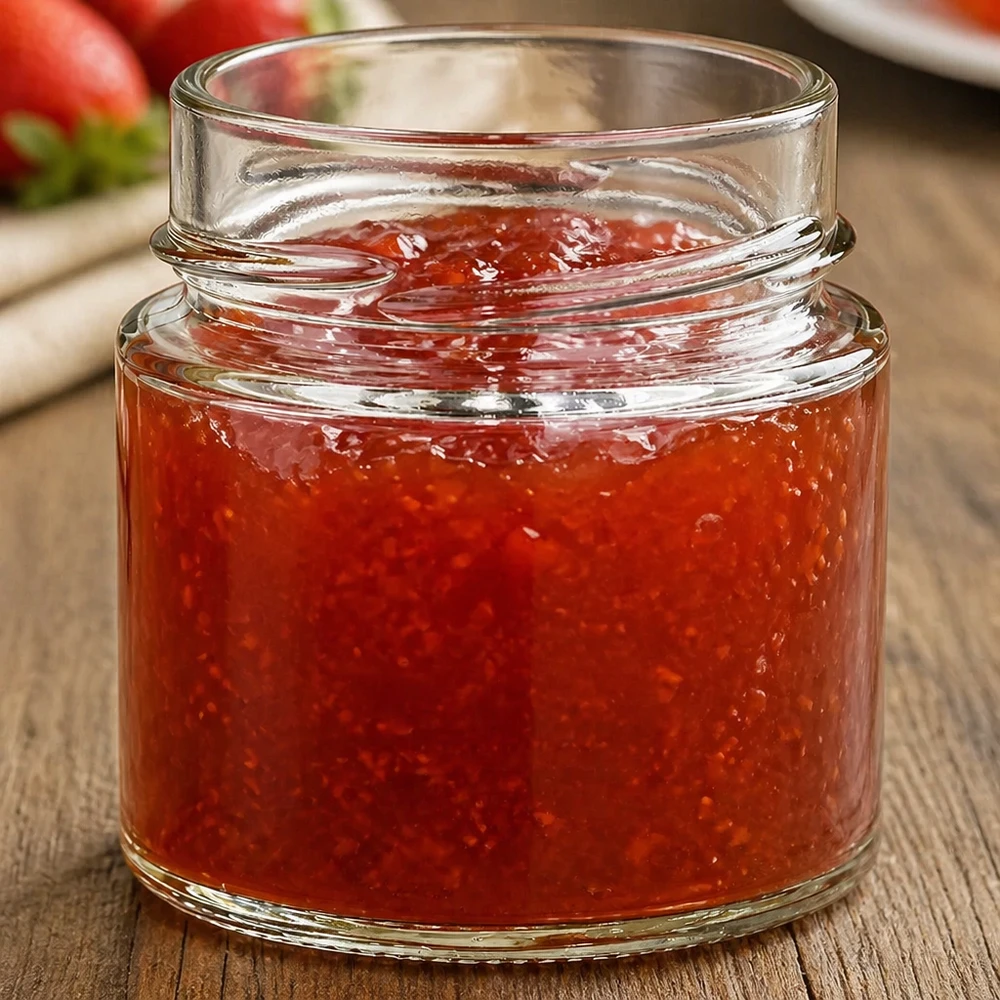 Pot rond 135ml rempli de confiture rouge TO58 Couvercle Pot de confiture sur table en bois