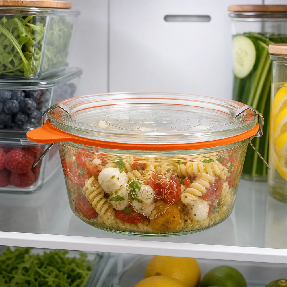 290ml bocal conique faible complet WECK RR80 WECK Pot renversé 290ml RR100 avec salade de pâtes dans le réfrigérateur montre la conservation pratique des aliments