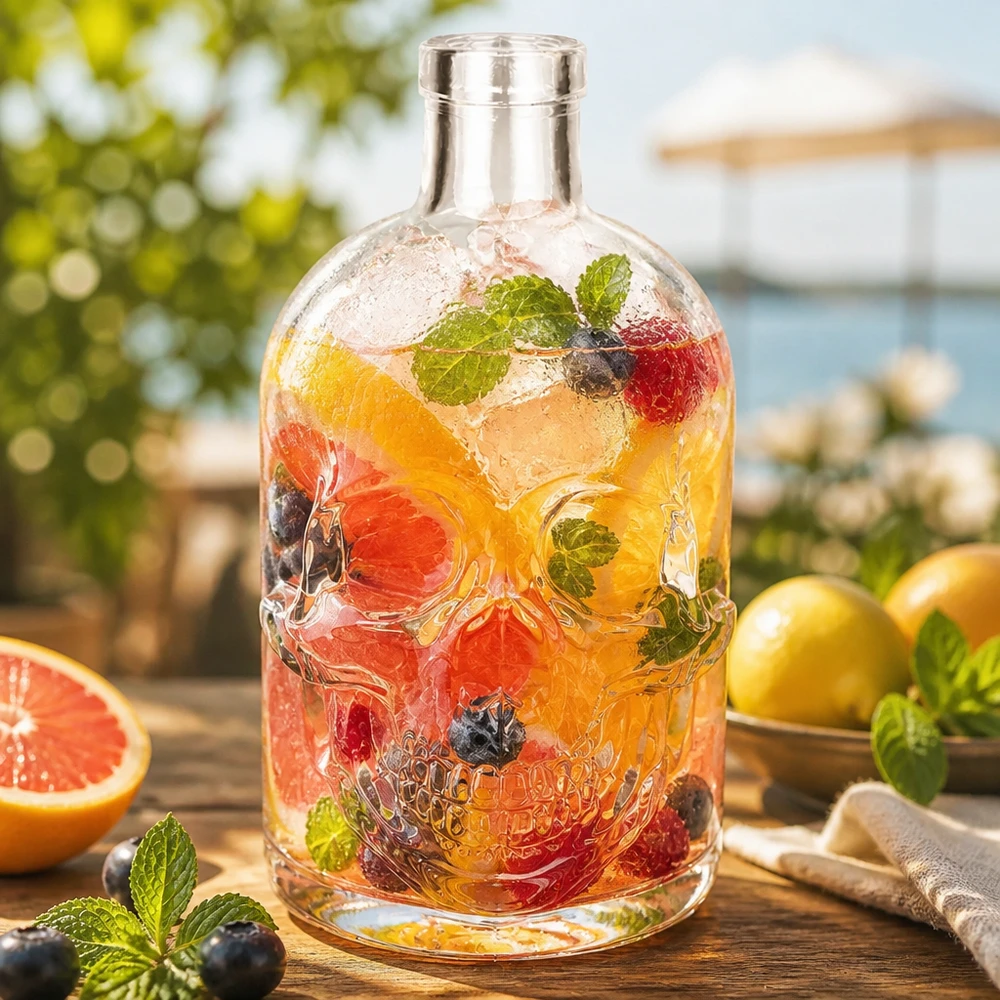 Bouteille en verre Jack 500ml tête de mort remplie d'eau infusée aux fruits Boisson d'été décoration extérieure UNiTWIST