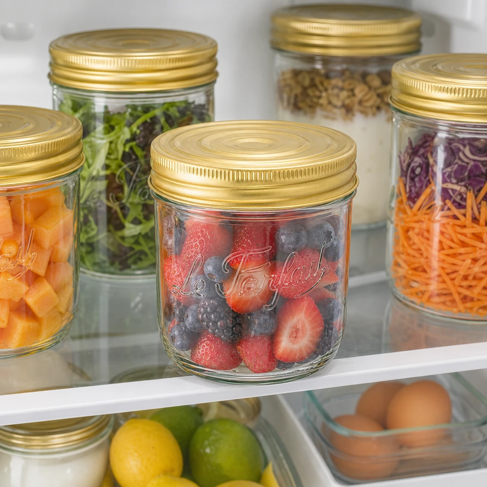415ml Verre renversé Familia Wiss avec couvercle doré rempli de baies dans le réfrigérateur à côté d'autres bocaux de stockage