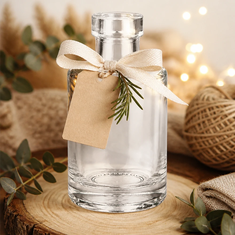Bouteille en verre 100ml Marie décorative avec pendentif ruban cadeau et romarin dans une ambiance chaleureuse avec guirlandes lumineuses