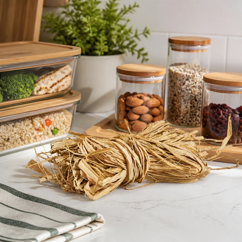 Raphia naturel 30g beige doré sur plan de travail de cuisine avec bocaux à provisions montre une organisation pratique de la cuisine et des idées de décoration