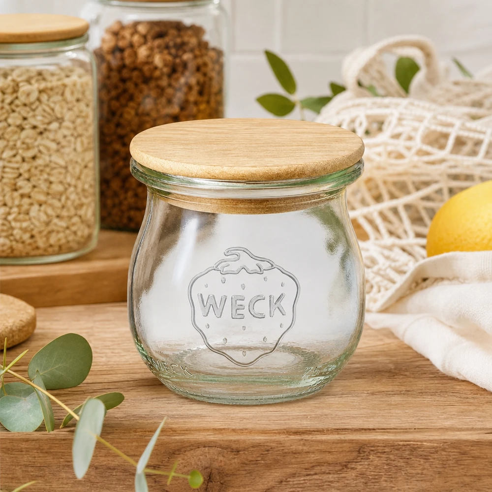 WECK Pot tulipe 75ml RR40 vide avec couvercle en bois dans la cuisine durable entre les bocaux à provisions et les filets à provisions