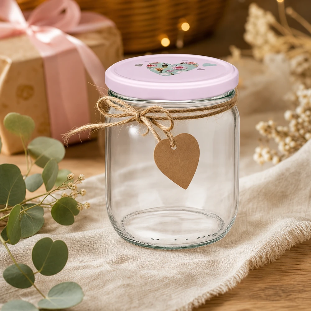 Pot rond 425 ml + couvercle BasicSeal cur rose UNiTWIST 425ml bocal rond rose couvercle en forme de coeur avec cordon de jute étiquette cadeau décoration bocal idée de bricolage rustique