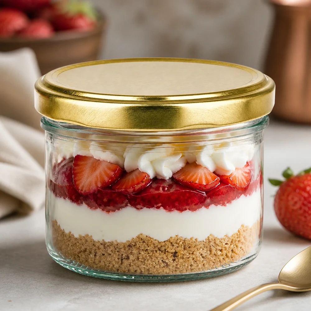 Verrine cylindrique de 230ml avec couvercle BioSeal doré remplie de dessert aux fraises Dessert en couches Tiramisu Dessert en verrine