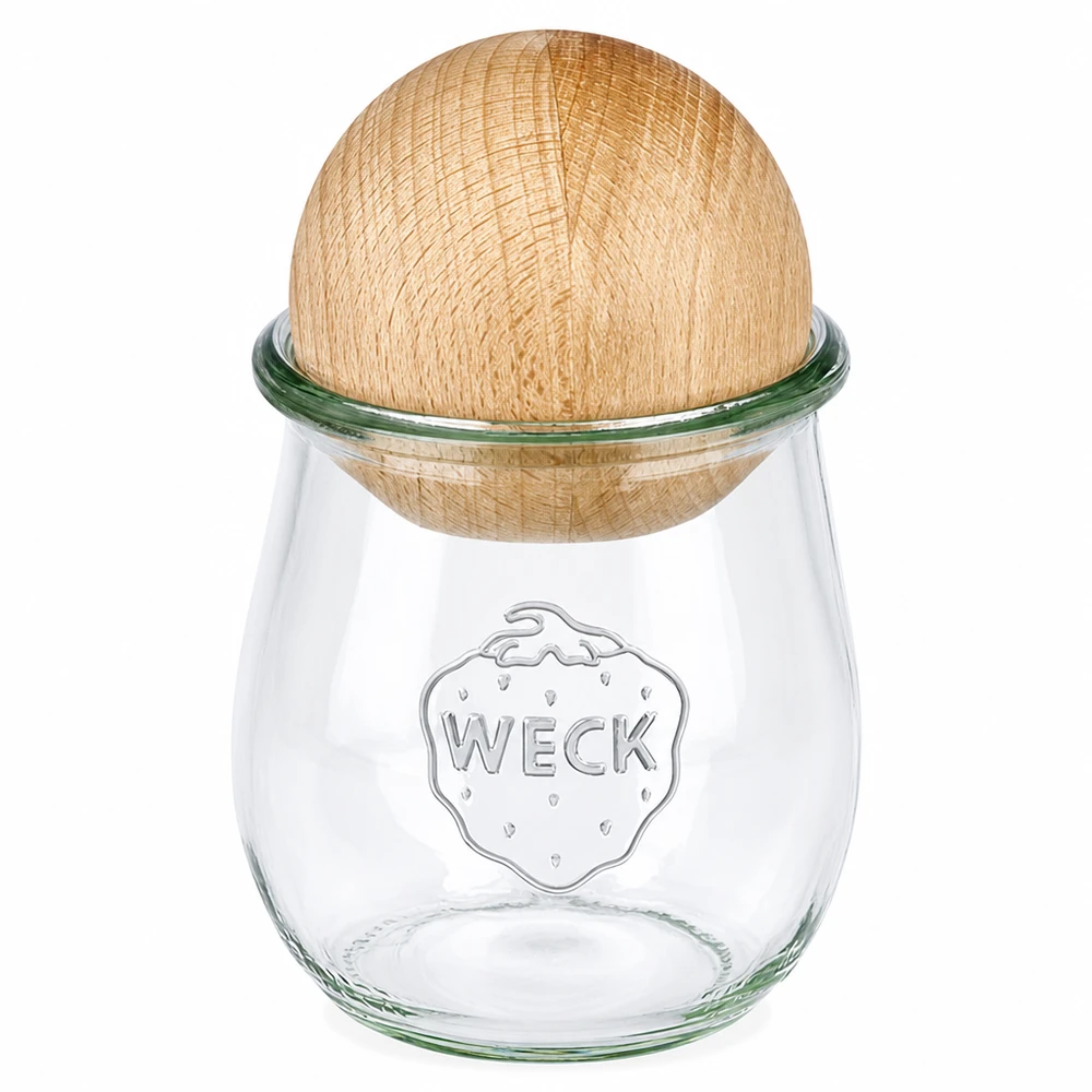WECK Pot tulipe 220ml RR60 avec boule de hêtre naturelle en guise de couvercle, pot à conserves transparent avec fermeture en bois