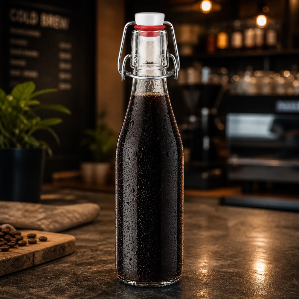 Bouteille en verre de 250 ml + bouchon mécanique PVC UNiTWIST 250ml Glasflasche mit dunklem Getränk gefüllt, Bügelverschluss PVC UNiTWIST, stilvolle Küchendeko auf Holztisch