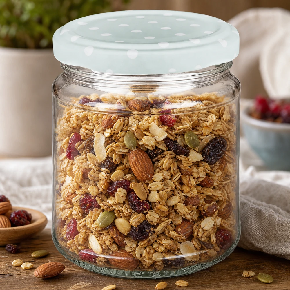 Pot rond 212 ml + couvercle BasicSeal pois menthe UNiTWIST 212ml pot rond rempli de muesli, menthe BasicSeal couvercle points, pot de réserve pour granola avec noix et fruits secs