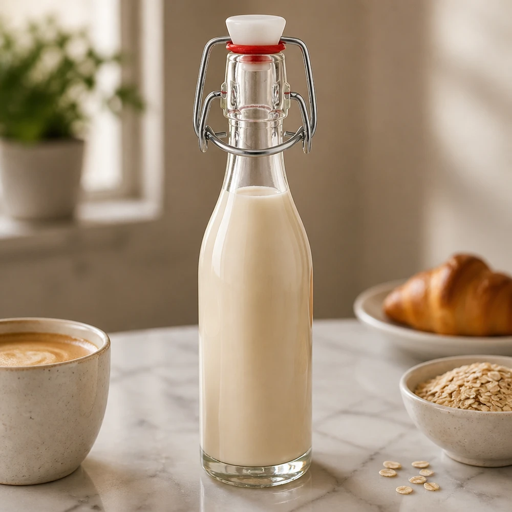 Bouteille en verre de 50 ml avec bouchon à étrier remplie de lait d'avoine dans une cuisine confortable à côté d'une tasse de café et de flocons d'avoine.