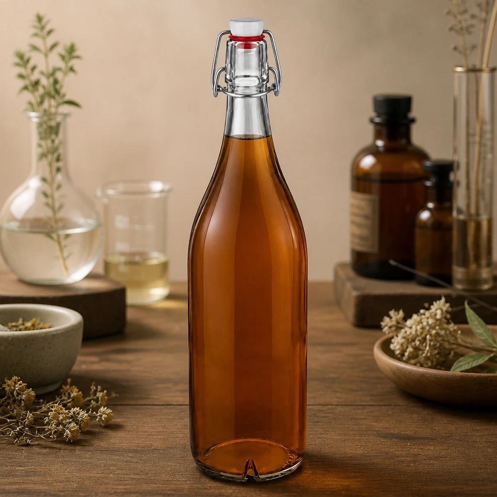 Bouteille en verre de 1000 ml + bouchon mécanique en PVC UNiTWIST Bouteille en verre 1000ml bouchon étrier PVC ambré rempli de tisane décoration naturelle table en bois