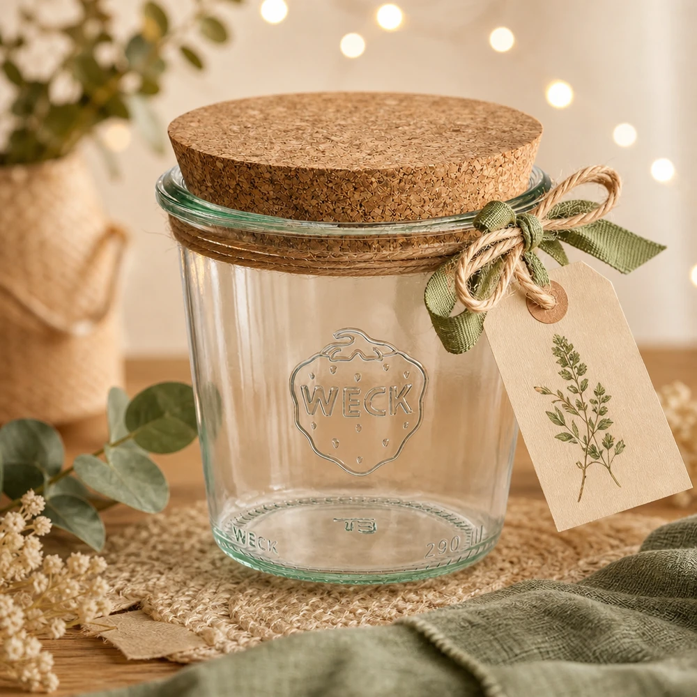 WECK Verre renversé 290ml RR80 mise en scène décorative avec couvercle en liège étiquette cadeau et ruban vert sur table en bois