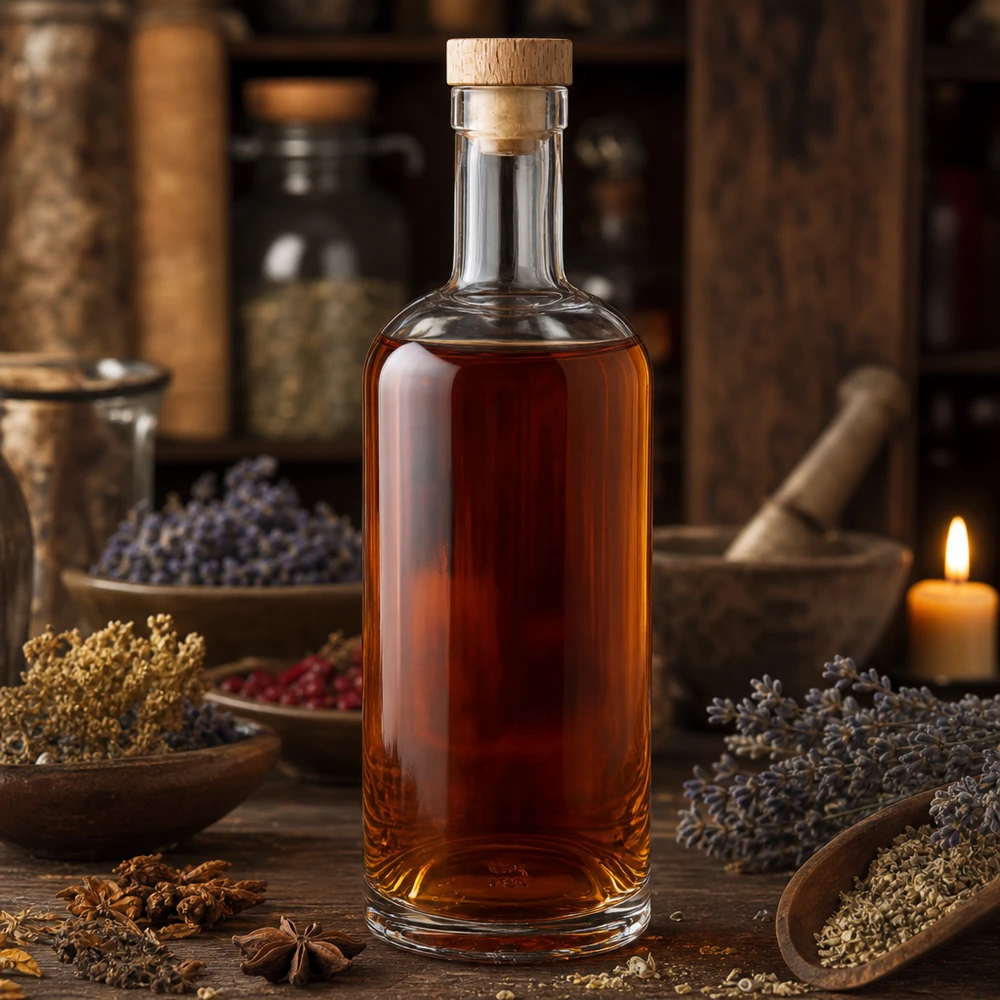 Bouteille en verre 750 ml « Emma » avec bouchon en bois UNiTWIST® Bouteille en verre Emma de 750 ml avec bouchon en bois remplie d'un liquide ambré dans une atmosphère rustique d'herbes et d'épices