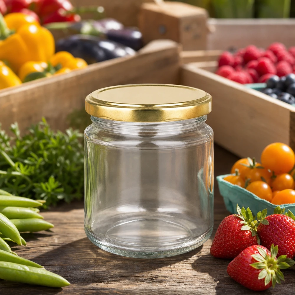 212ml Rundglas UNiTWIST mit goldenem Deckel in natürlicher Küchenumgebung zwischen frischem Obst und Gemüse