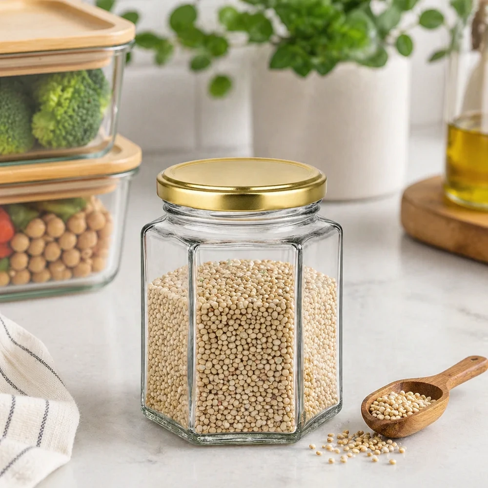 Pot à miel hexagonal de 250g avec couvercle doré rempli de grains dans la cuisine moderne comme récipient de stockage