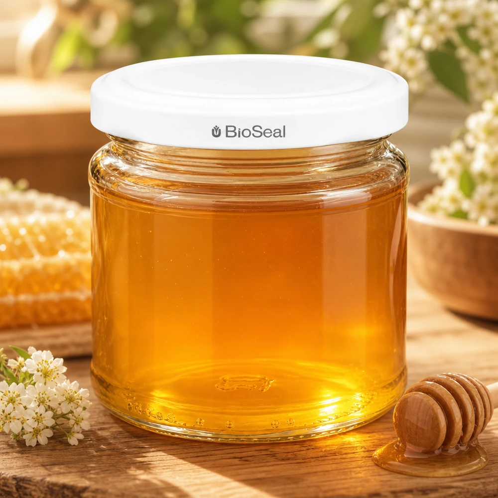 212ml Verre rond avec couvercle BioSeal blanc UNiTWIST UNiTWIST Runda212 rempli de miel avec couvercle TO66 BioSeal blanc à côté d'une cuillère à miel et de fleurs sur une table en bois