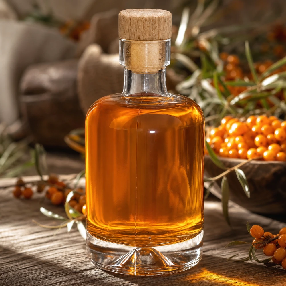 Bouteille en verre 50ml Amelie remplie d'huile d'argousier entre des baies d'argousier orange décorées naturellement
