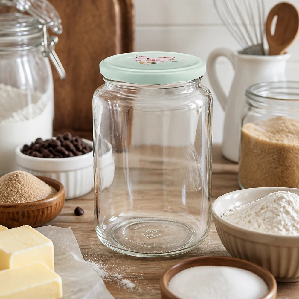 Pot rond de 795 ml + couvercle BasicSeal cur menthe UNiTWIST 795ml Bocal rond vide avec couvercle à coeur BasicSeal entre les ingrédients de cuisson farine beurre sur planche en bois Accessoires de cuisine