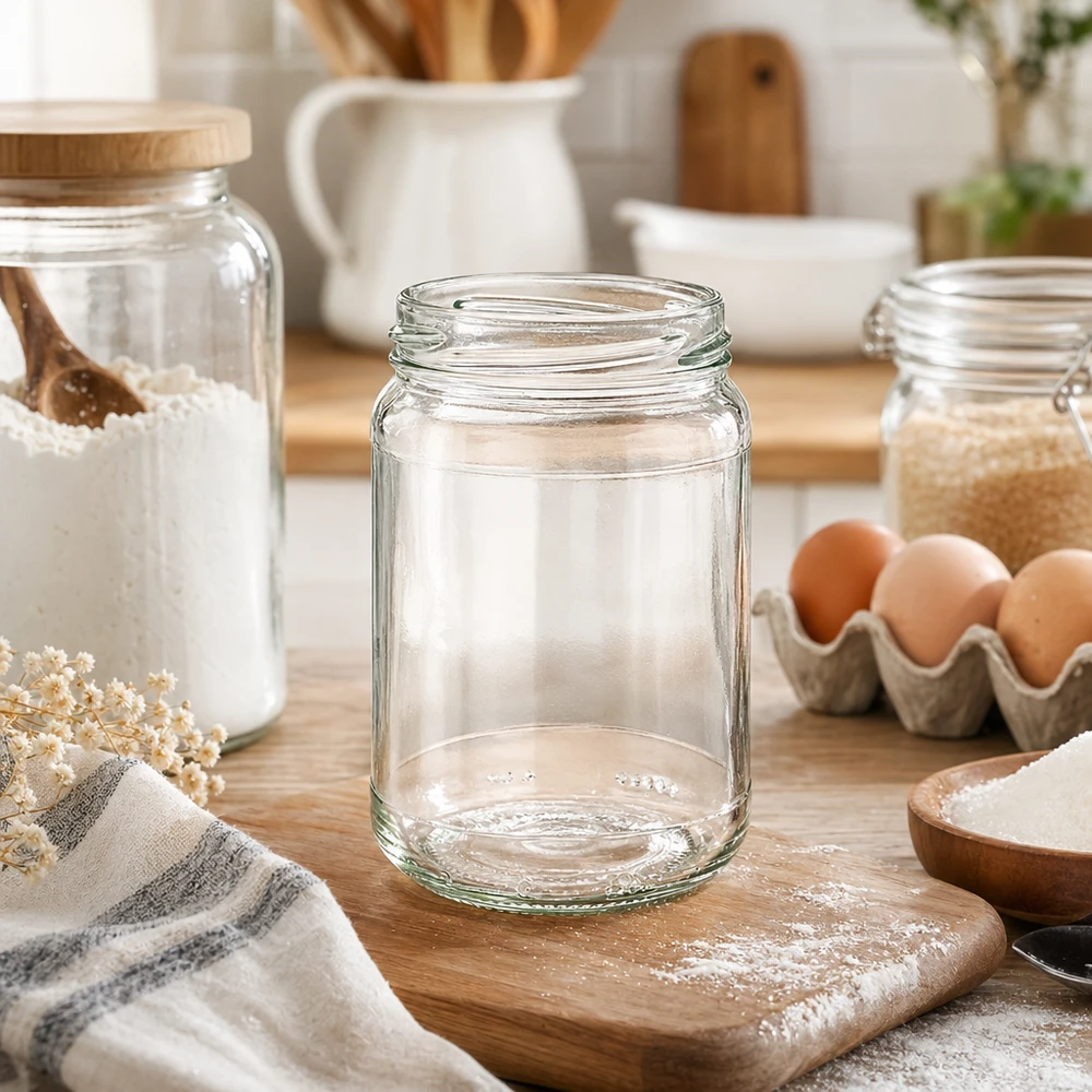 305ml Verre rond sans couvercle (TO63) UNiTWIST UNiTWIST Runda305 Verre rond 305ml TO63 vide sur planche en bois dans cuisine moderne avec œufs et farine