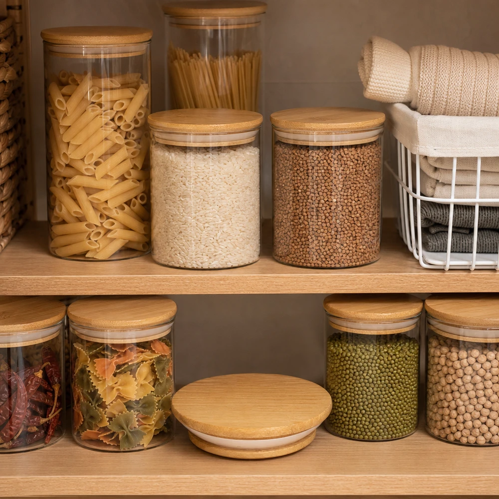 WECK RR80 Couvercle en bois version A dans une cuisine de réserve pratique avec des bocaux organisés pour les pâtes, le riz et les légumineuses