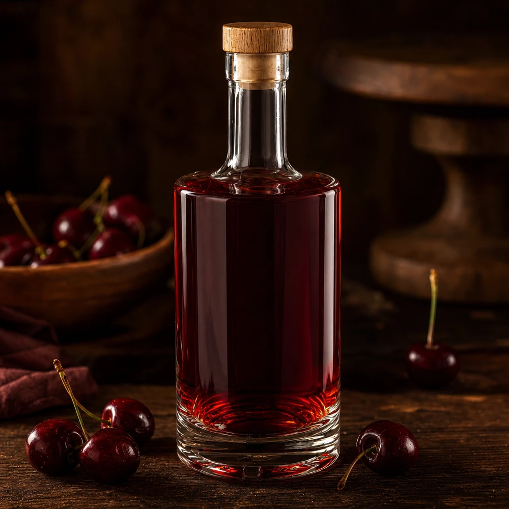 Bouteille en verre Nora de 500 ml remplie de liqueur de cerise rouge foncé Bouchon en bois UNiTWIST cerises fraîches table en bois rustique