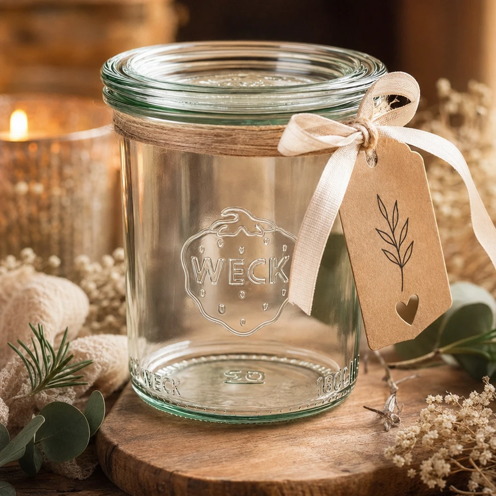 WECK Verre renversé RR60 160ml comme emballage cadeau avec pendentif et ruban dans une atmosphère chaleureuse avec bougie
