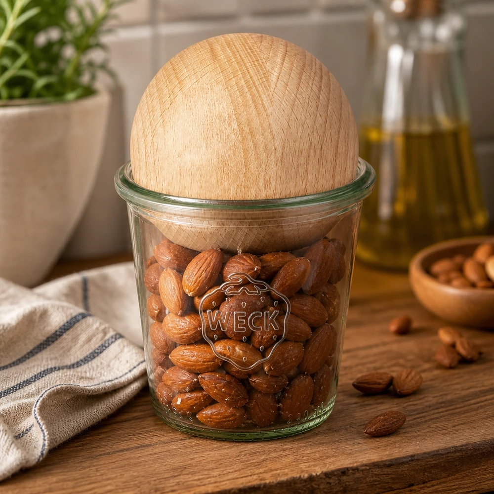 WECK Verre renversé 290ml RR80 rempli d'amandes avec couvercle en forme de boule en hêtre sur planche en bois dans un environnement de cuisine naturel