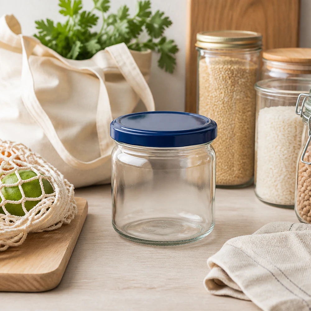 408ml Verre rond avec couvercle BasicSeal bleu UNiTWIST Bocal rond de 408 ml avec couvercle bleu UNiTWIST dans une cuisine durable zéro déchet avec bocaux à provisions et sacs en tissu