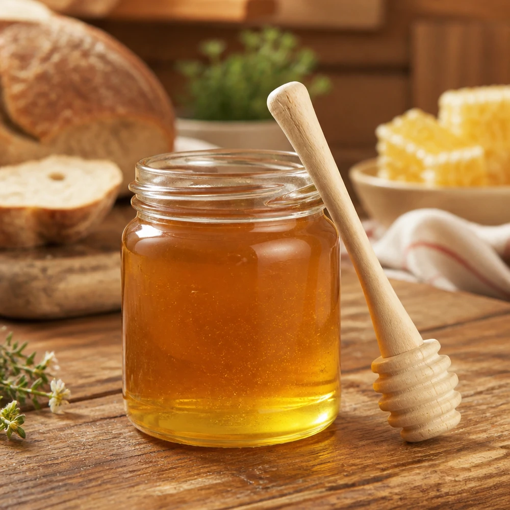 Cuillère à miel en bois d'érable dans un pot de miel naturel montre une utilisation pratique dans un environnement de cuisine confortable