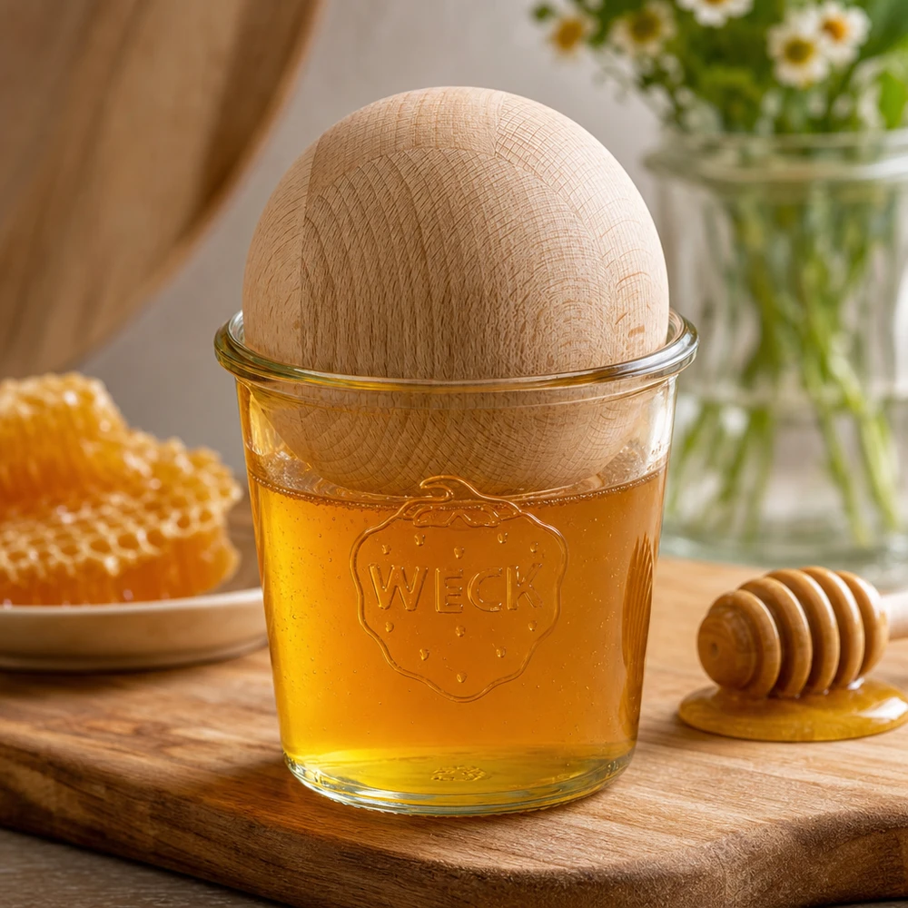 WECK Pot renversé RR100 580ml avec boule en bois hêtre rempli de miel sur planche en bois à côté du rayon et cuillère à miel
